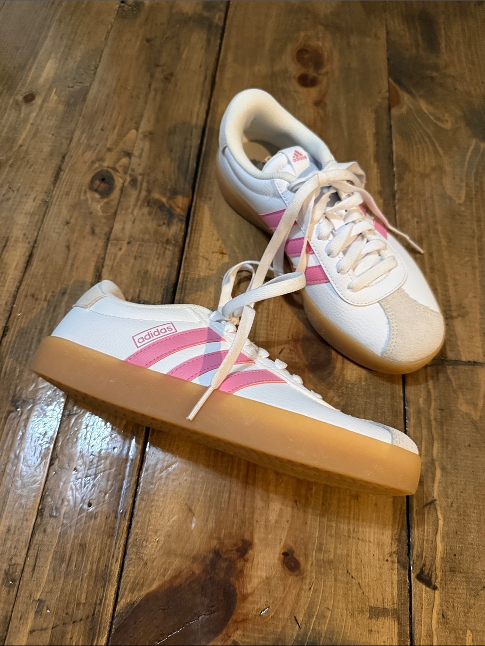 adidas White & Pink Low-Top Sneakers with Gum Sole
